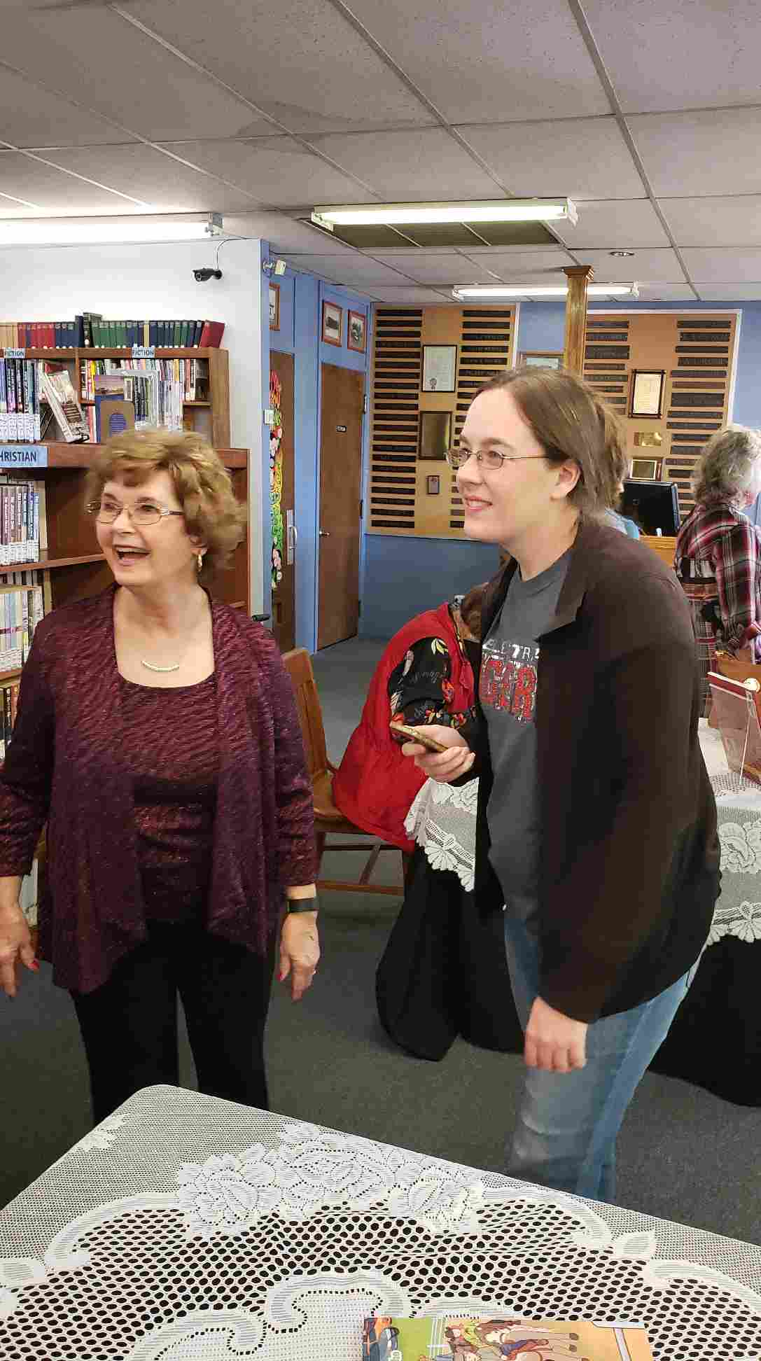 Mrs. Nancy Bigbie and daughter Rachel visiting with Mrs. B. after Nancy was honored at the Grand Theater.jpg